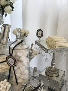 white and silver dessert table
