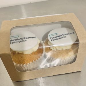box of 2 cupcakes with printed logo branding