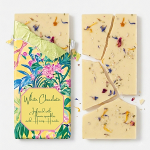 White Chocolate 36% Edible flowers and Hemp Hearts
